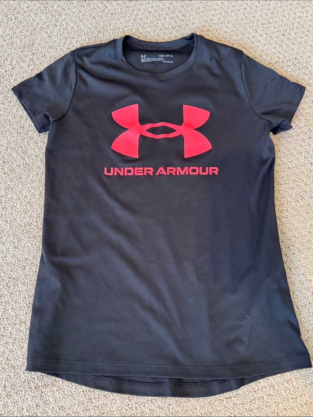 Girls, Medium Under Armour Black Short Sleeve Tee with hot pink  Logo